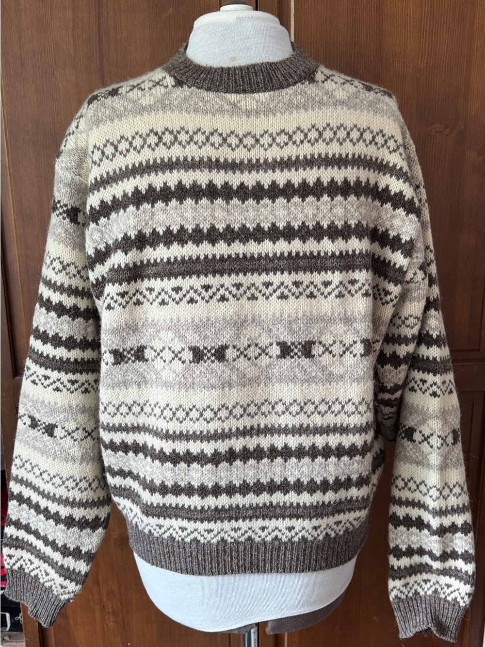 Vintage Wool Patterned Crewneck Sweater - Beige and Brown